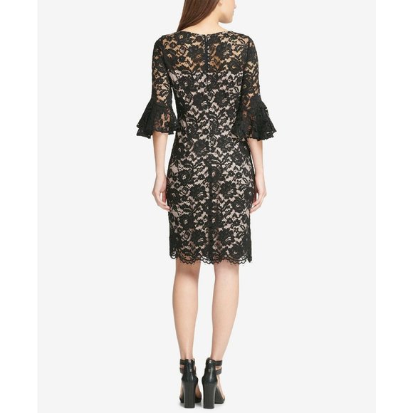 DKNY Women's Lace Bell Sleeve Sheath Dress Black 8 - Picture 4 of 6